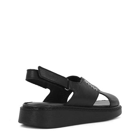 Kadın Siyah Bilekten Cırt Cırtlı Deri Sandalet