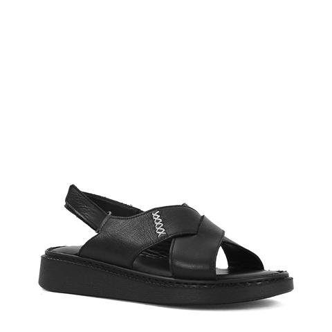 Kadın Siyah Bilekten Cırt Cırtlı Deri Sandalet