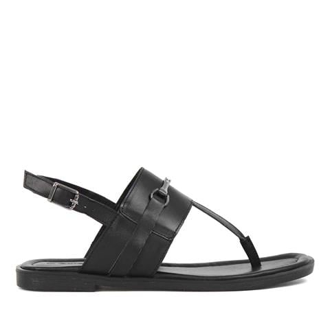 Kadın Siyah Bilekten Tokalı Parmak Arası Deri Sandalet