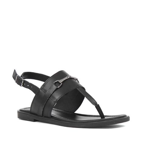 Kadın Siyah Bilekten Tokalı Parmak Arası Deri Sandalet