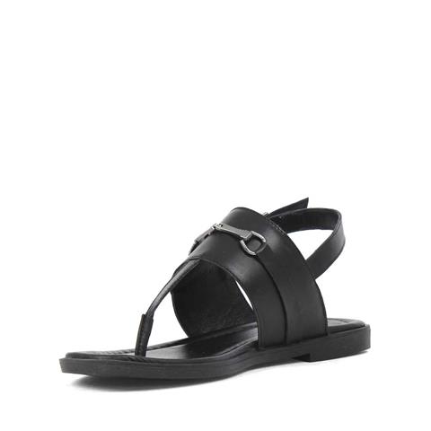 Kadın Siyah Bilekten Tokalı Parmak Arası Deri Sandalet