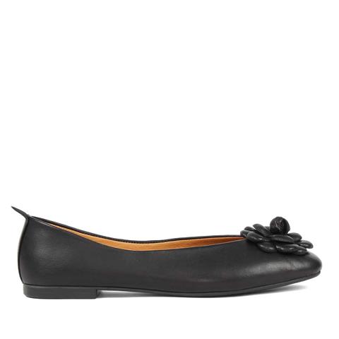 Kadın Siyah Çiçek Detaylı Deri Babet