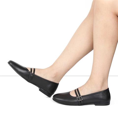 Kadın Siyah Çift Bantlı Deri Babet