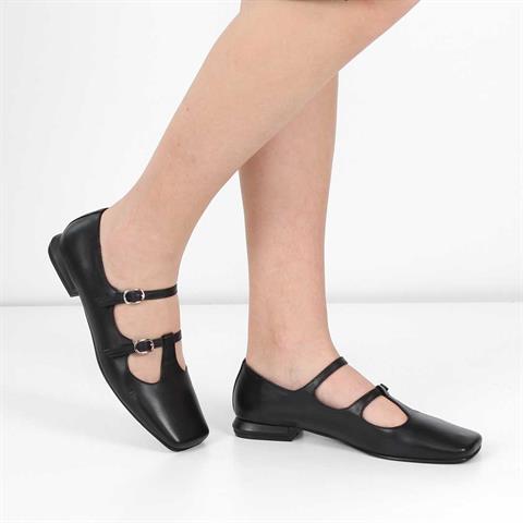 Kadın Siyah Çift Bantlı Küt Burun Deri Babet