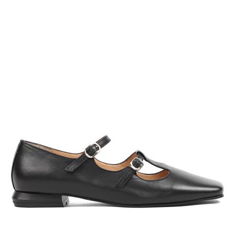 Kadın Siyah Çift Bantlı Küt Burun Deri Babet