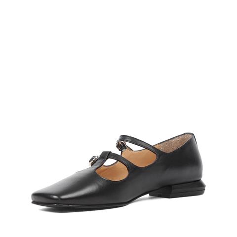 Kadın Siyah Çift Bantlı Küt Burun Deri Babet