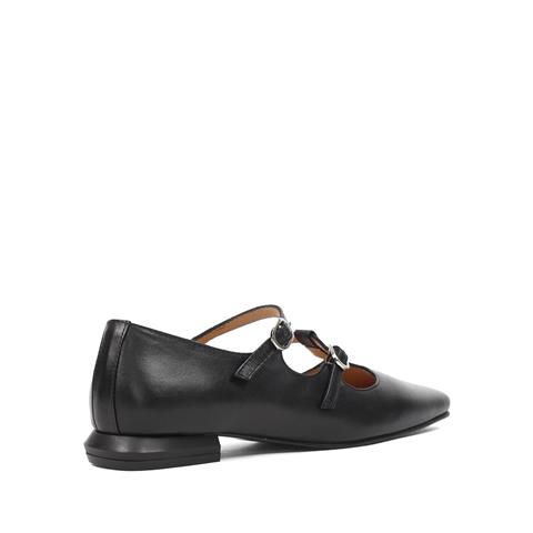 Kadın Siyah Çift Bantlı Küt Burun Deri Babet