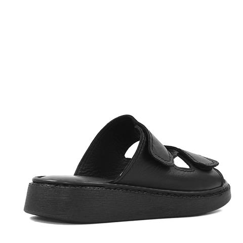 Kadın Siyah Çift Bantlı Önü Cırt Cırtlı Deri Terlik