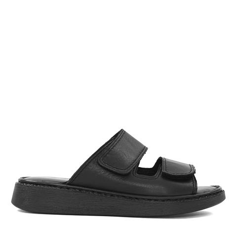 Kadın Siyah Çift Bantlı Önü Cırt Cırtlı Deri Terlik