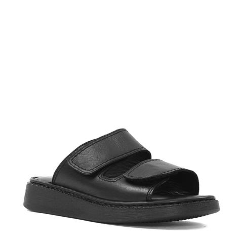 Kadın Siyah Çift Bantlı Önü Cırt Cırtlı Deri Terlik