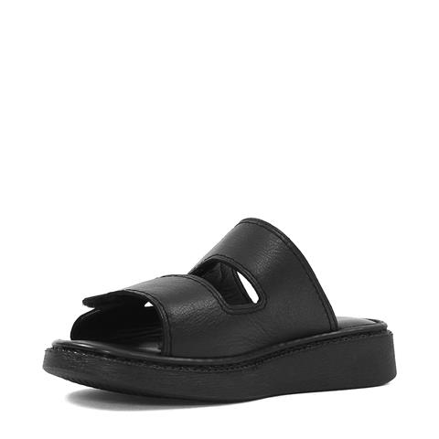 Kadın Siyah Çift Bantlı Önü Cırt Cırtlı Deri Terlik