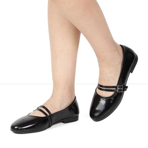 Kadın Siyah Çift Bantlı Rugan Deri Babet