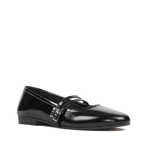 Kadın Siyah Çift Bantlı Rugan Deri Babet