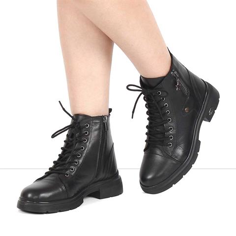 Kadın Siyah Çift Fermuarlı Deri Bot