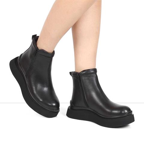 Kadın Siyah Çift Fermuarlı Deri Bot