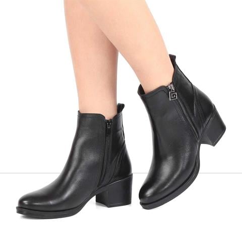 Kadın Siyah Çift Fermuarlı Deri Bot