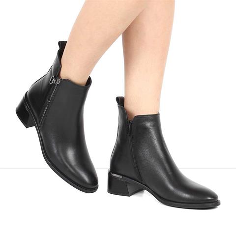 Kadın Siyah Çift Fermuarlı Deri Bot