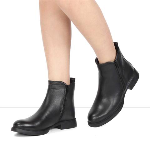 Kadın Siyah Çift Fermuarlı Deri Bot