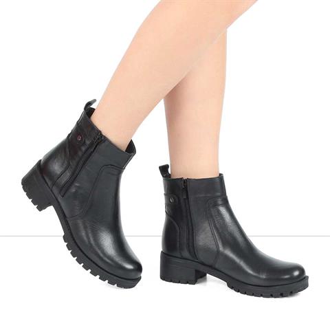 Kadın Siyah Çift Fermuarlı Kalın Topuklu Deri Bot