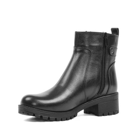 Kadın Siyah Çift Fermuarlı Kalın Topuklu Deri Bot