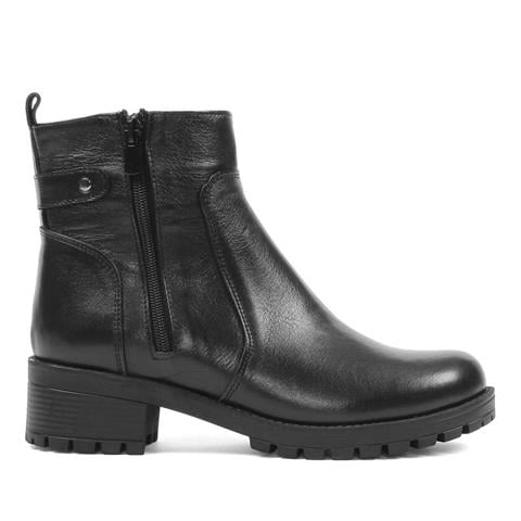 Kadın Siyah Çift Fermuarlı Kalın Topuklu Deri Bot