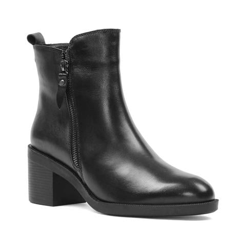 Kadın Siyah Çift Fermuarlı Kalın Topuklu Deri Bot