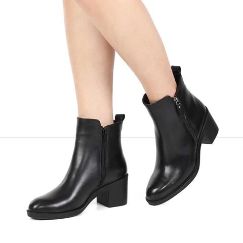 Kadın Siyah Çift Fermuarlı Kalın Topuklu Deri Bot