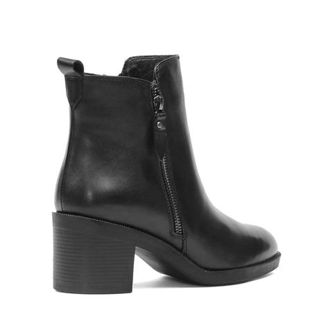 Kadın Siyah Çift Fermuarlı Kalın Topuklu Deri Bot