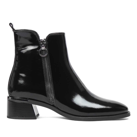 Kadın Siyah Çift Fermuarlı Rugan Deri Bot