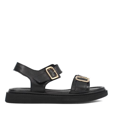 Kadın Siyah Çift Tokalı Deri Sandalet