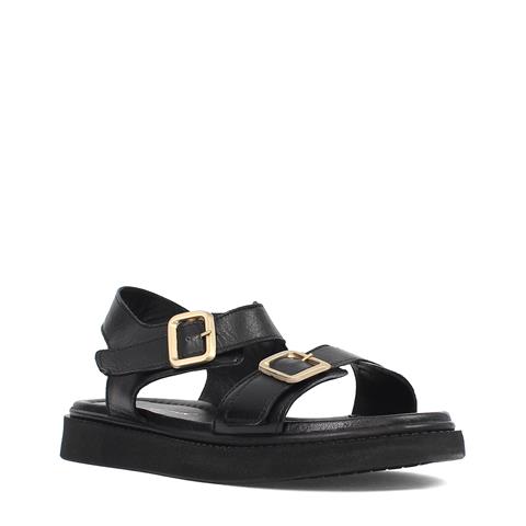 Kadın Siyah Çift Tokalı Deri Sandalet