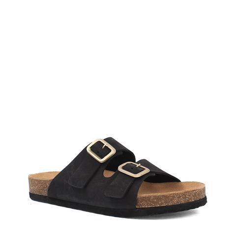 Kadın Siyah Çift Tokalı Deri Terlik