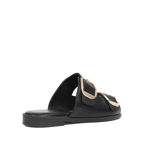 Kadın Siyah Çift Tokalı Deri Terlik