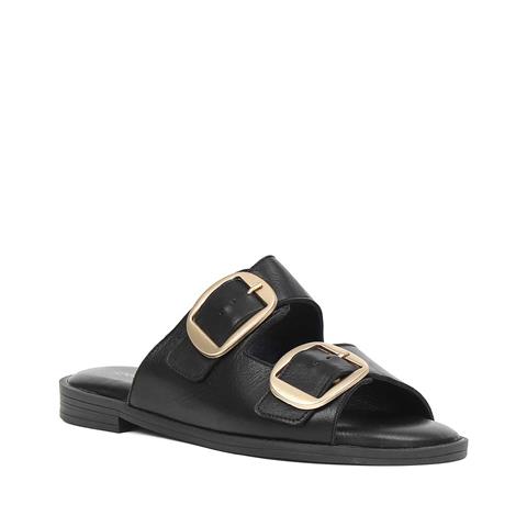 Kadın Siyah Çift Tokalı Deri Terlik