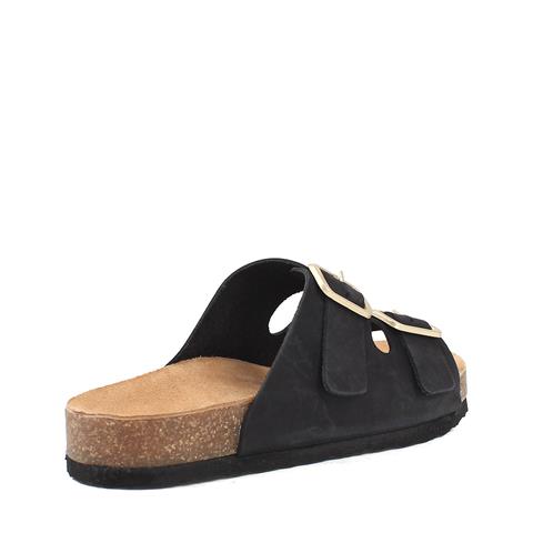 Kadın Siyah Çift Tokalı Deri Terlik