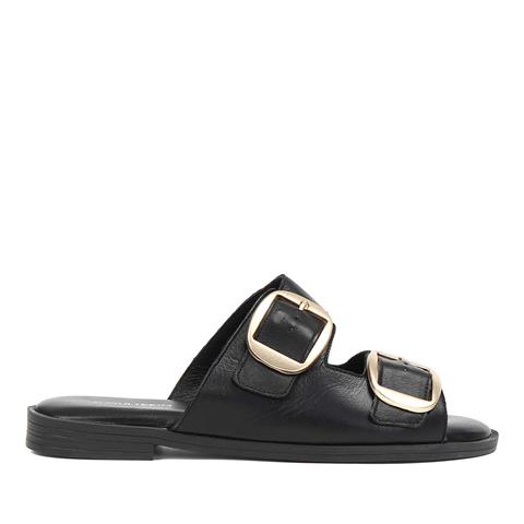 Kadın Siyah Çift Tokalı Deri Terlik