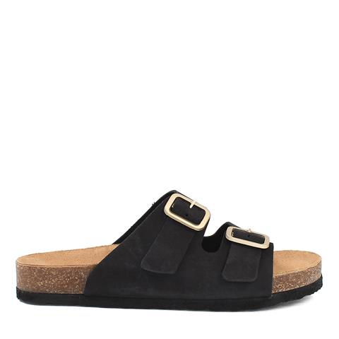 Kadın Siyah Çift Tokalı Deri Terlik