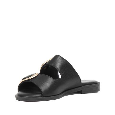 Kadın Siyah Çift Tokalı Deri Terlik