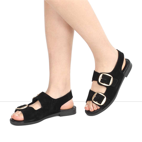 Kadın Siyah Çift Tokalı Süet Deri Sandalet