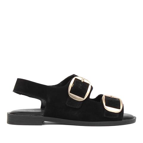 Kadın Siyah Çift Tokalı Süet Deri Sandalet