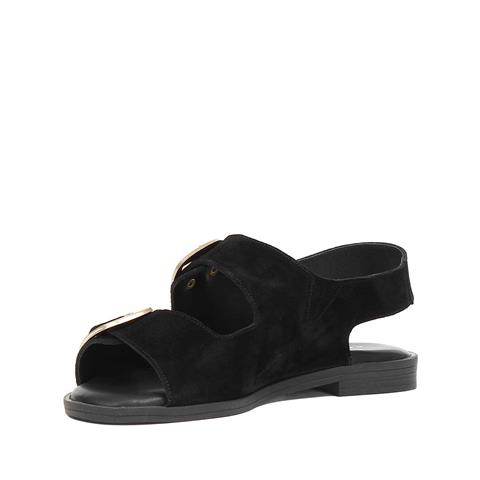 Kadın Siyah Çift Tokalı Süet Deri Sandalet