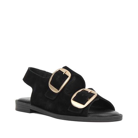 Kadın Siyah Çift Tokalı Süet Deri Sandalet