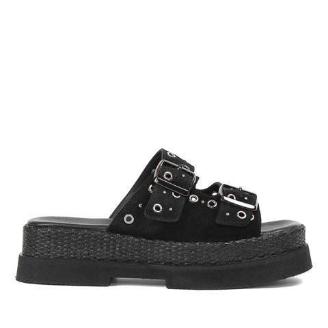 Kadın Siyah Çift Tokalı Süet Deri Terlik