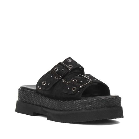 Kadın Siyah Çift Tokalı Süet Deri Terlik