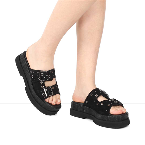 Kadın Siyah Çift Tokalı Süet Deri Terlik