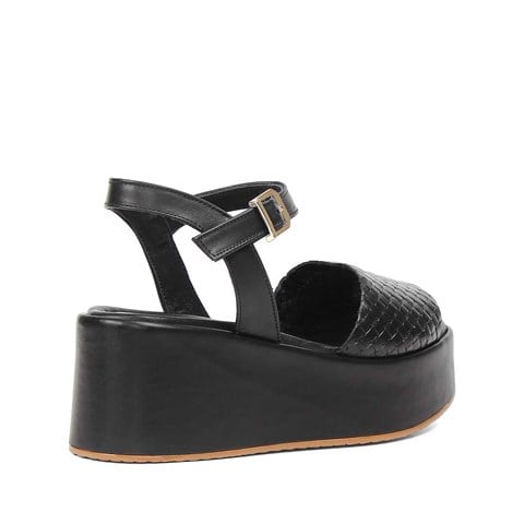 Kadın Siyah Dolgu Topuklu Deri Sandalet