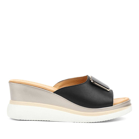 Kadın Siyah Dolgu Topuklu Deri Terlik