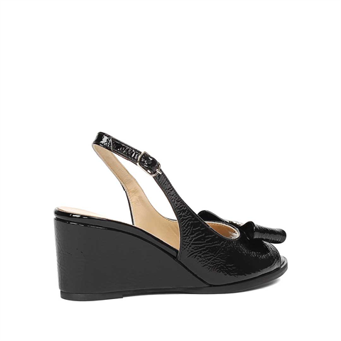 Kadın Siyah Dolgu Topuklu Kırışık Rugan Deri Ayakkabı