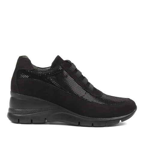 Kadın Siyah Dolgu Topuklu Nubuk Deri Sneaker