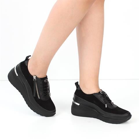 Kadın Siyah Dolgu Topuklu Süet Deri Sneaker